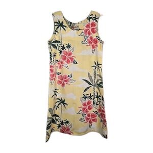 Vintage Hilo Hattie Yellow Hawaiian Hibiscus Palm Tree Sheath‎ Short Dress Sz XS